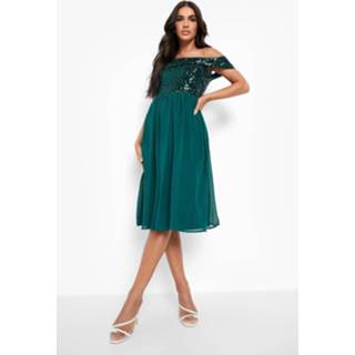 👉 Midi Skater Jurk Met Pailletten En Uitgesneden Hals, Emerald