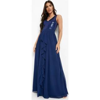 👉 Maxi Jurk Met Pailletten, Ruches En Laag Decolleté, Navy