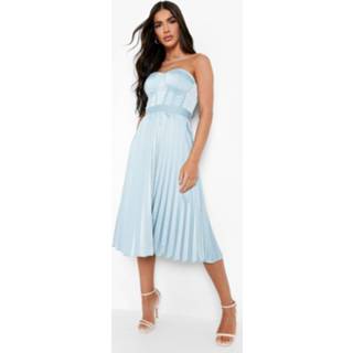 👉 Geplooide Satijnen Strapless Midi Jurk Met Korset Detail, Pastel Blue