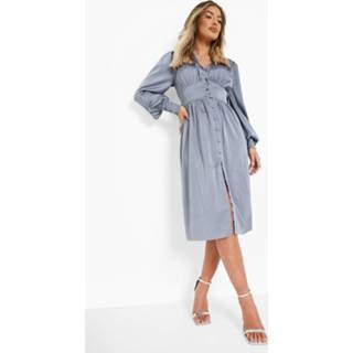 👉 Satijnen Midi Jurk Met Knoop Detail, Slate Blue