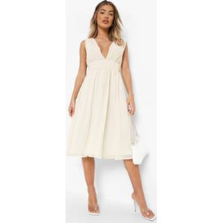 👉 Midi Skater Jurk Met Laag Decolleté En Ruches, Ivory