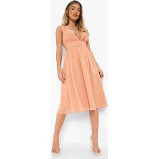 👉 Skater jurk peach Midi Met Laag Decolleté En Ruches,