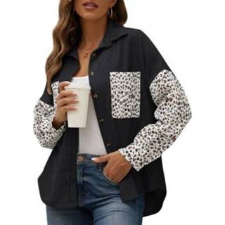 👉 Shirt zwart XL active vrouwen Revers Lange Mouw Luipaard Kleur Matching Corduroy Jas Losse Casual Vest voor Dames (Kleur: Maat: XL)
