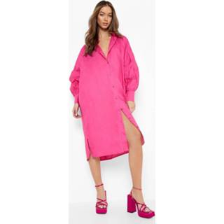 👉 Oversized Midi Blouse Jurk Met Ballonmouwen, Hot Pink