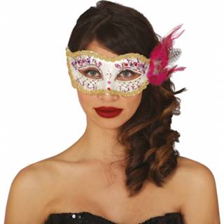 👉 Oogmasker wit roze polyester One Size Color-Wit vrouwen Fiestas Guirca met veren dames wit/roze 8434077120224