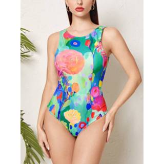 Sleeveless polyester s vrouwen donkergroen Women Plus Size Floral Canva Print One Pieces U Neck Swimsuit