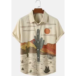 👉 Shirts korte mouw polyester s male apricot Mens Cactus Desert Landscape Print Button Up Short Sleeve