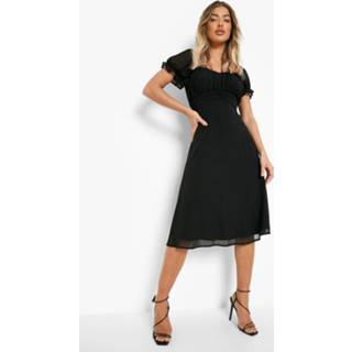 👉 Midi Jurk Met Pofmouwen En Ceintuur Midi Jurk, Black