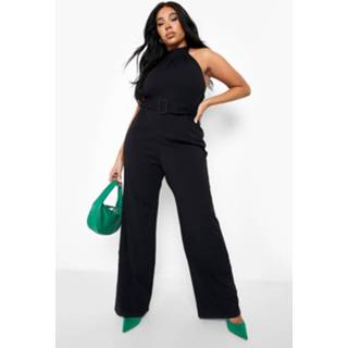 👉 Plus Wide Leg Jumpsuit Met Halter Neck En Ceintuur, Black