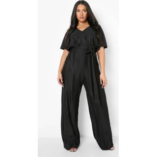 👉 Plus Plisse Jumpsuit Met Kimono Mouwen En Ceintuur, Black