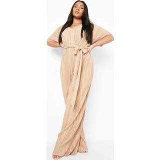 👉 Plus Plisse Jumpsuit Met Kimono Mouwen En Ceintuur, Stone