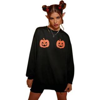 Sweatshirt zwart l active vrouwen Halloween gepersonaliseerde pompoenprint ronde hals casual met lange mouwen voor dames (kleur: maat: L)