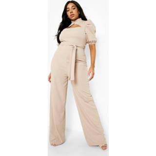 👉 Plus Jumpsuit Met Choker Uitsnijding En Pofmouwen, Stone