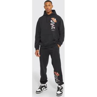 👉 Oversized Gerecycled Bloemen Trainingspak Met Capuchon, Black