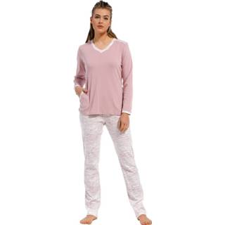 👉 'feminine animal magic' sneeuwwit & zachtroze katoen interlock dames pyjama met lange mouwen, v-hals en bijpassende lange broek