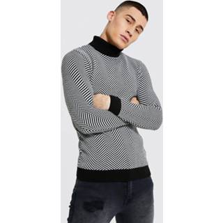 Roll Neck Muscle Herringbone Knitted Sweater, Black