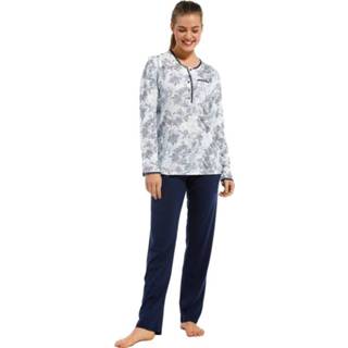 👉 'vintage flower' sneeuwwit & blauw katoen - modal pyjama set met knopen, borstzakje, mooie kanten biesjes en lange donkerblauwe broek