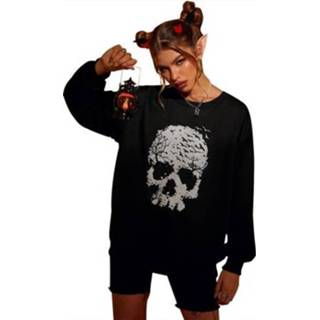 👉 Sweatshirt zwart s active vrouwen Halloween gepersonaliseerde schedelprint ronde hals casual met lange mouwen voor dames (kleur: maat: S)