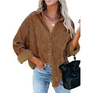 👉 Casual shirt s active vrouwen Effen kleur revers corduroy losse met lange mouwen zakken voor dames (kleur: camel maat: S)