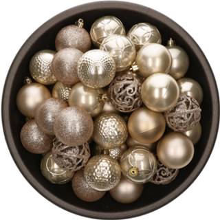 👉 Kerstbal champagne kunststof parel active plastic 37x stuks kerstballen parel/champagne 6 cm glans/mat/glitter mix