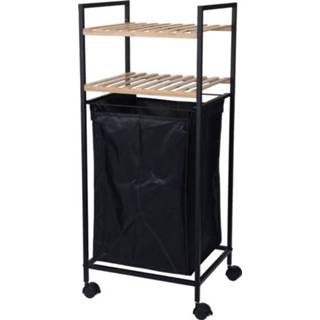 👉 Trolley bamboe houten One Size bruin badkamer kastje/trolley met wasmand 90 cm - Badkamermeubels/badkamerkasten Bijzetkastje 2 plankjes 8720147658996