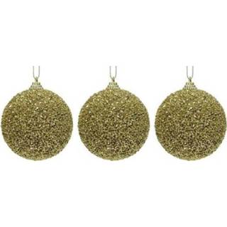 👉 Kerstbal gouden kunststof 3x glitter kralen kerstballen 8 cm