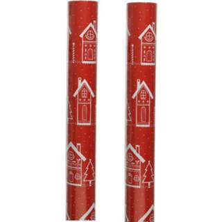 👉 Inpakpapier rood One Size meerkleurig 2x rollen kerst inpakpapier/cadeaupapier met huisjes 200 x 70 cm - Kerstpapier cadeaurollen 8720576317754