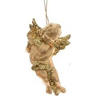 👉 Kerstversiering gouden One Size goud 2x engelen met lute hangdecoratie 10 cm - Kerstversiering/decoratie 8720147601701
