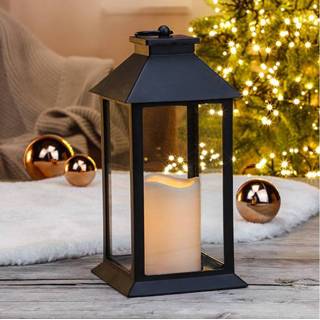 👉 Lantaarn zwarte zwart One Size 2x LED verlichting decoratie lantaarns met kaars 33 cm - Woondecoratie flikkerende 8720276184335