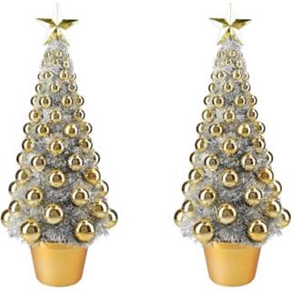 👉 Kerstboom 2x Stuks Complete Mini Kunst Kerstboompje/kunstboompje Zilver/goud Met Kerstballen 50 Cm - Kunstkerstboom 8720576185636