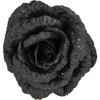 👉 Zwart 1x Stuks Decoratie Bloemen Roos Glitter Op Clip 18 Cm - Kersthangers 5400586891491