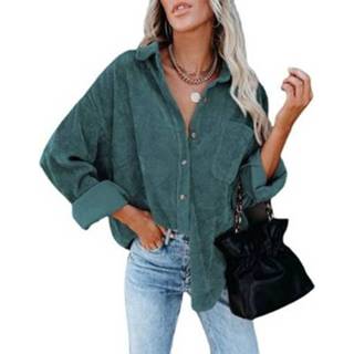 👉 Casual shirt groen XXL active vrouwen Effen kleur revers lange mouw corduroy los met zakken voor dames (kleur: maat: XXL)