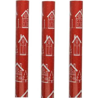 👉 Inpakpapier rood One Size meerkleurig 3x rollen kerst inpakpapier/cadeaupapier met huisjes 200 x 70 cm - Kerstpapier cadeaurollen 8720576317761