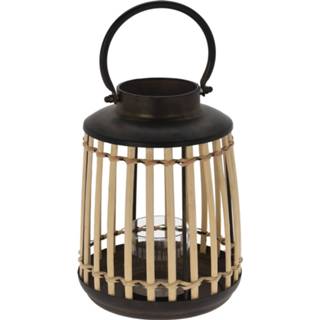 👉 Lantaarn zwart One Size Set van 2x stuks lantaarns/windlichten bamboe/metaal 18 x 24 cm - Sfeervol voor binnen/buiten 8720576456620
