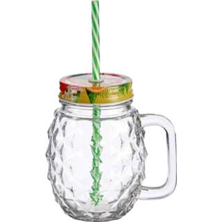 👉 Drinkbeker One Size transparant Set van 6x stuks glazen Mason Jar drinkbekers/drinkpotjes tropical met dop en rietje 480 ml - anti-lek drinkglazen 8720576397763