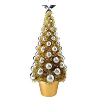 👉 Kerstboom One Size meerkleurig 2x stuks complete mini kunst kerstboompje/kunstboompje goud/zilver met kerstballen 50 cm - Kerstbomen Kerstversiering 8720576185629