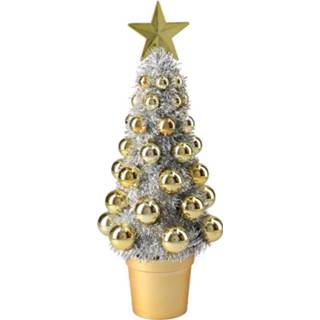 👉 Kerstboom One Size zilver 2x stuks complete mini kunst kerstboompje/kunstboompje zilver/goud met kerstballen 30 cm - Kerstbomen Kerstversiering 8720576185087