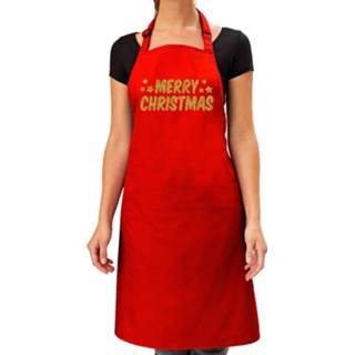 👉 Keukenschort rood gouden One Size Merry Christmas cadeau keuken schort met glitters - volwassenen verjaardag / Kerst kerstdinner 8720576786314