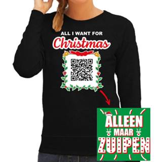 👉 Kerst QR code kersttrui All I want: Alleen maar zuipen dames zwart - Bellatio Christmas sweaters