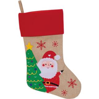 👉 Kerstsokken beige rood One Size meerkleurig Kerstsok beige/rood met kerstman print 46 cm - Kerstversiering/kerstdecoratie 8720576700778
