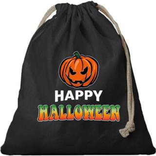 👉 Halloween snoepje zwart - 1x Katoenen Happy Snoep Tasje Met Pompoen 25 X 30 Cm Verkleedtassen 8720576665466