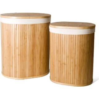 👉 Wasmand bamboe bruin Gerimport - Set Van 2 Wasmanden Incl. Waszak Met Deksel, Katoenen Zak En Handvaten Ovaal -Naturel 50l / 8430540242110