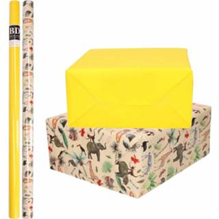 👉 Inpakpapier 4x Rollen Kraft Jungle/oerwoud Pakket - Dieren/geel 200 X 70 Cm Cadeaupapier 8720576460351