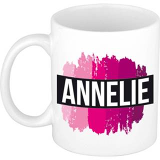 👉 Beker roze keramiek vrouwen active Naam cadeau mok / Annelie met verfstrepen 300 ml