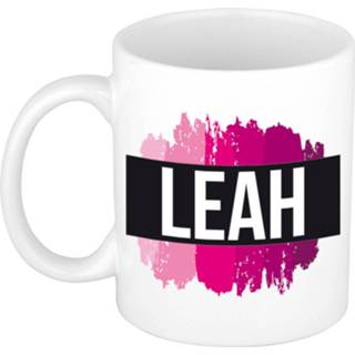 👉 Beker roze keramiek vrouwen active Naam cadeau mok / Leah met verfstrepen 300 ml