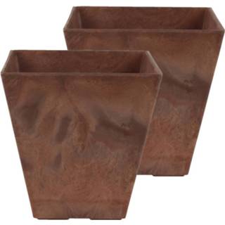 Plantenbak bruin kunststof Set Van 2x Stuks Bloempot/plantenpot Vierkant Gerecycled Terra D15 En H15 Cm - Plantenbakken 8720576415160