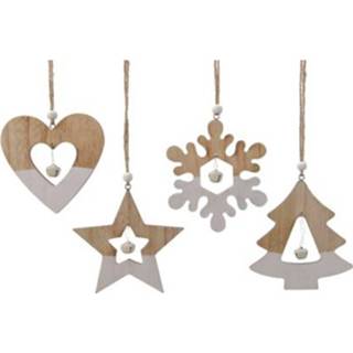 Klok wit Boomdecoratie Figuur Triplex Klokje Hang 4as Star - Tree Snowflake Heart Wit/kleur 10.5x10.5cm 8719152251322