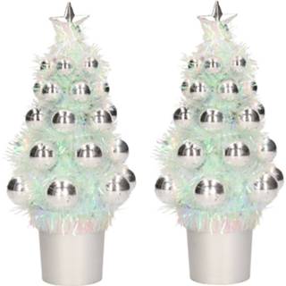 👉 Kerstboom zilver 2x Mini Kunst Kerstboompje Met Kerstballen 19 Cm - Kunstkerstboom 8720576417591