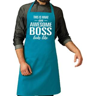 👉 Keukenschort turkoois blauw One Size mannen Awesome boss cadeau bbq/keuken schort turquoise voor heren - kado barbecue baas 8720576094433