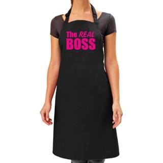 👉 Schort zwart roze One Size vrouwen The real boss cadeau zwart/roze dames - kado barbecue voor huwelijk/verjaardag/Moederdag 8720576549292